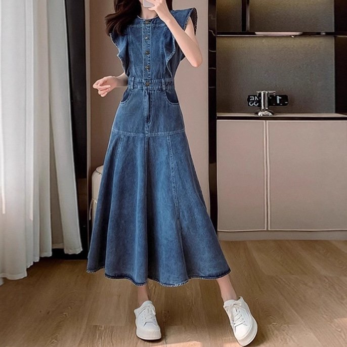 ワンピース ドレス デニム 春 秋 体型カバー 春夏 ラウンドネック 膝下 冬 ロング 上品 フレンチスリーブ ハイウエスト