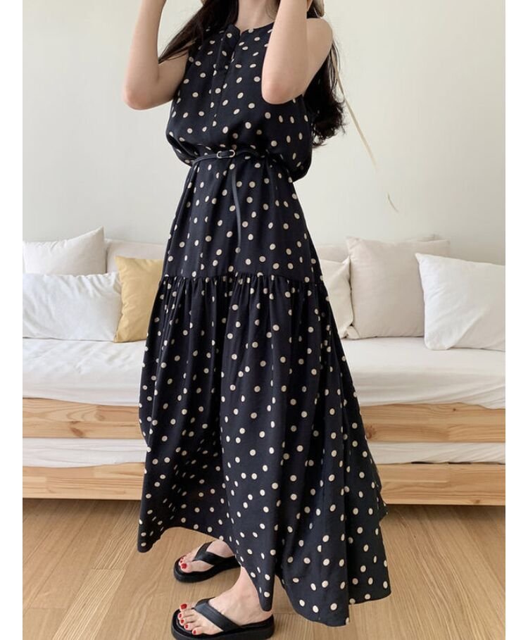 ドレス ノースリーブ 春夏 きれいめ 袖なし 春 夏 ラウンドネック ドット リゾート ロング