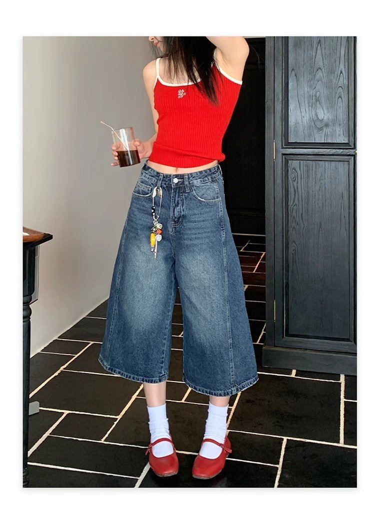 レディース パンツ ゆったり スリム コットン 綿 デニム 春夏 カジュアル アメリカン 春 夏 ストレート 切り替えデザイン デニムパンツ ハイウエスト ヴィンテージ ポリエステル
