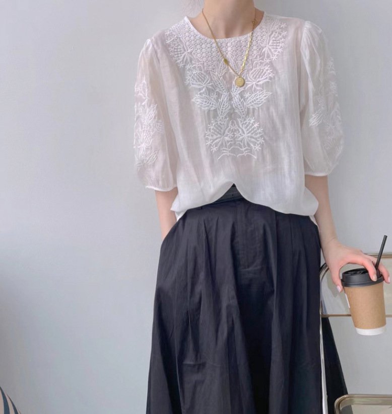 レディース シャツ トップス 長袖 ゆったり 夏 きれいめ 通勤 春夏 前開き ラウンドネック 刺繍 上品 薄手 切り替えデザイン ポリエステル