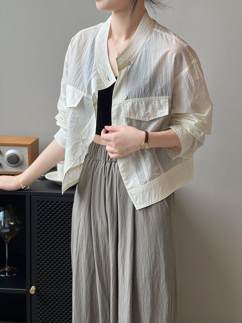 レディース シャツ コート 長袖 夏 韓国風 春夏 前開き ショート 薄手 スタンドカラー アウター ボタン ポリエステル