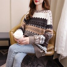 レディース トップス ニット 長袖 ボーダー ストライプ チェック柄 ゆったり 春 体型カバー 春夏 ラウンドネック セーター プルオーバー タイ ポリエステル