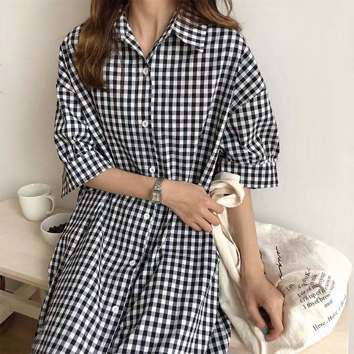 ワンピース 半袖 チェック柄 春夏 春 夏 膝下 ロング コットン アクリル