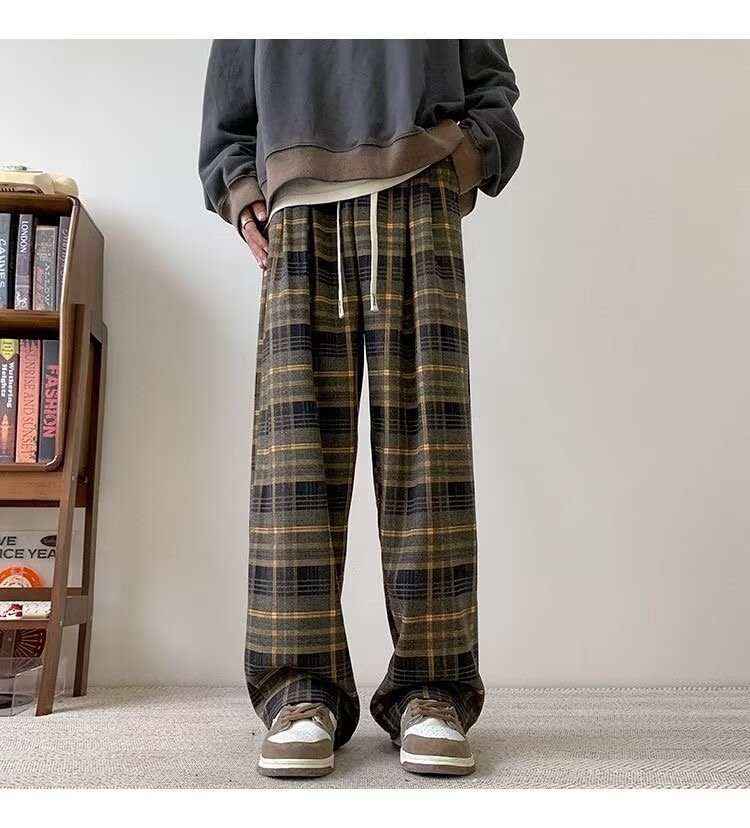 パンツ チェック柄 ワイド 春 秋冬 カジュアル 秋 冬 ストレート ヴィンテージ ポリエステル