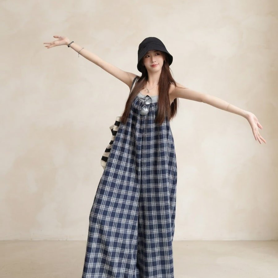 パンツ チェック柄 ゆったり ワイド 春夏 レトロ 体型カバー ミニ 春 夏 ロング サロペット フェミニン オールインワン