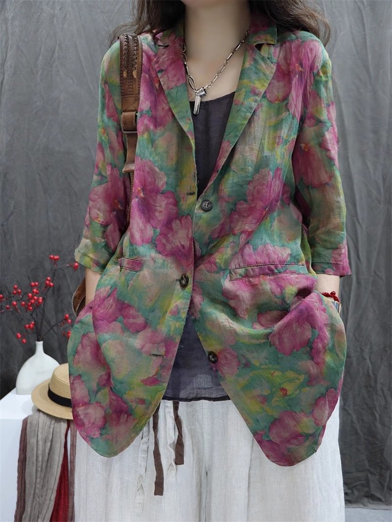 レディース ジャケット 長袖 プリント ゆったり コットン 綿 麻 春夏 カジュアル きれいめ レトロ 通勤 着回し 春 夏 タイト 細身 おしゃれ タイ 都会的 レギュラー ボタン ポリエステル 着痩せ