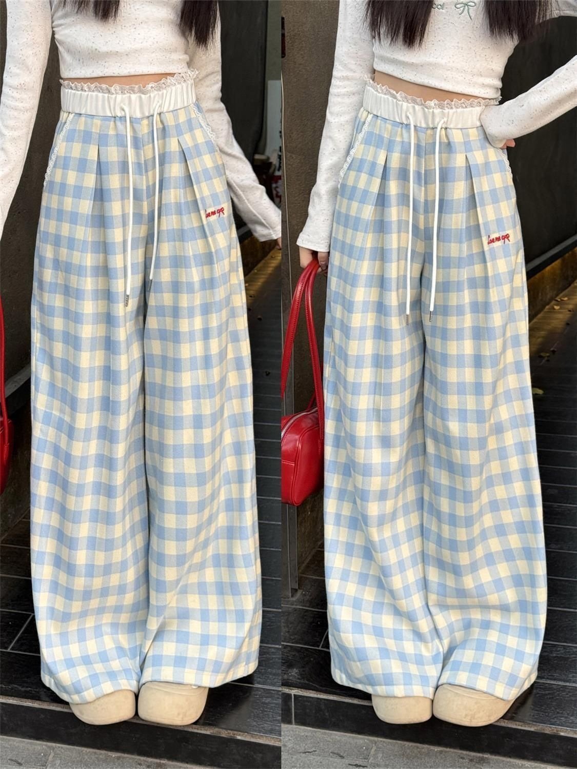 レディース パンツ チェック柄 ゆったり ワイド 春夏 カジュアル 春 夏 レース ロング ストレート ロングパンツ ワイドパンツ 薄手 切り替えデザイン ブルー ハイウエスト ポリエステル