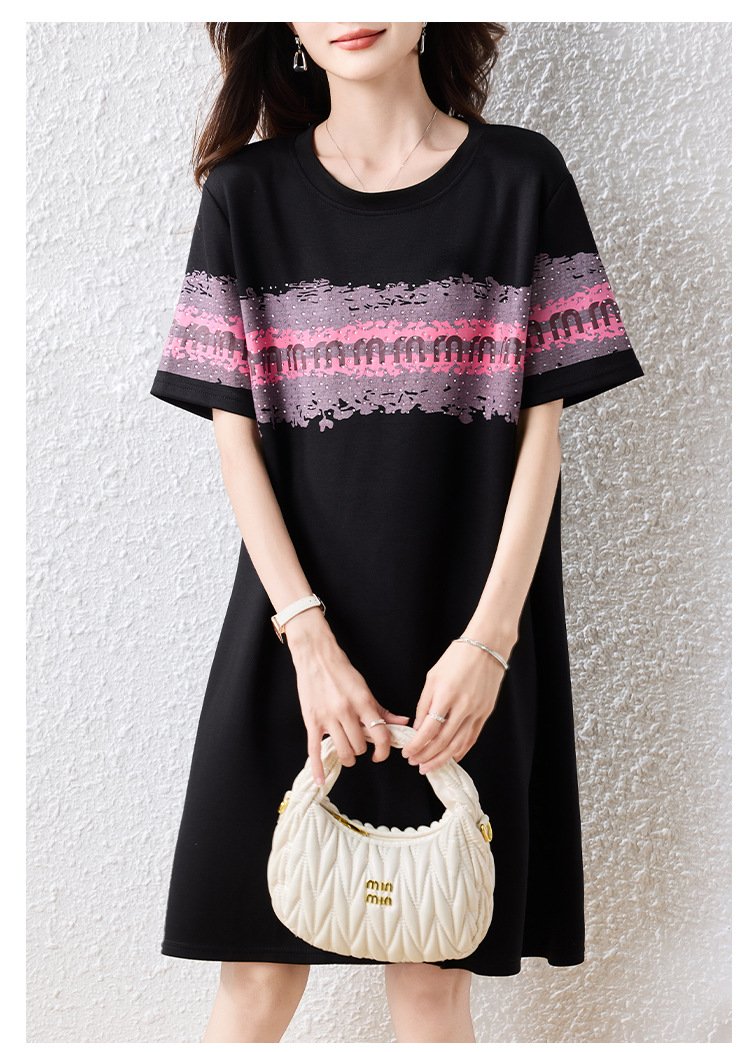 ワンピース ドレス 半袖 春夏 きれいめ レトロ 春 夏 黒 ラウンドネック ミモレ 上品 大きい