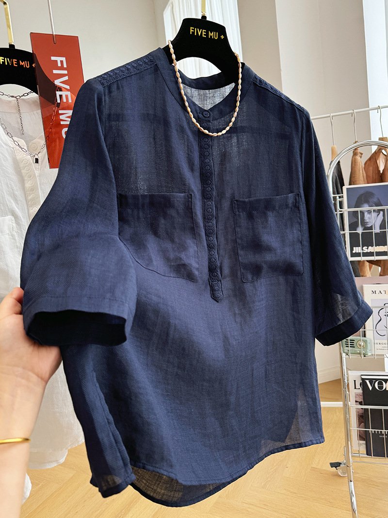 レディース ブラウス シャツ 麻 春夏 きれいめ 通勤 おしゃれ 前開き 春 夏 ラウンドネック タイト 刺繍 ハイネック 細身 薄手 プルオーバー スタンドカラー エレガント タイ 都会的 レギュラー ポリエステル 着痩せ
