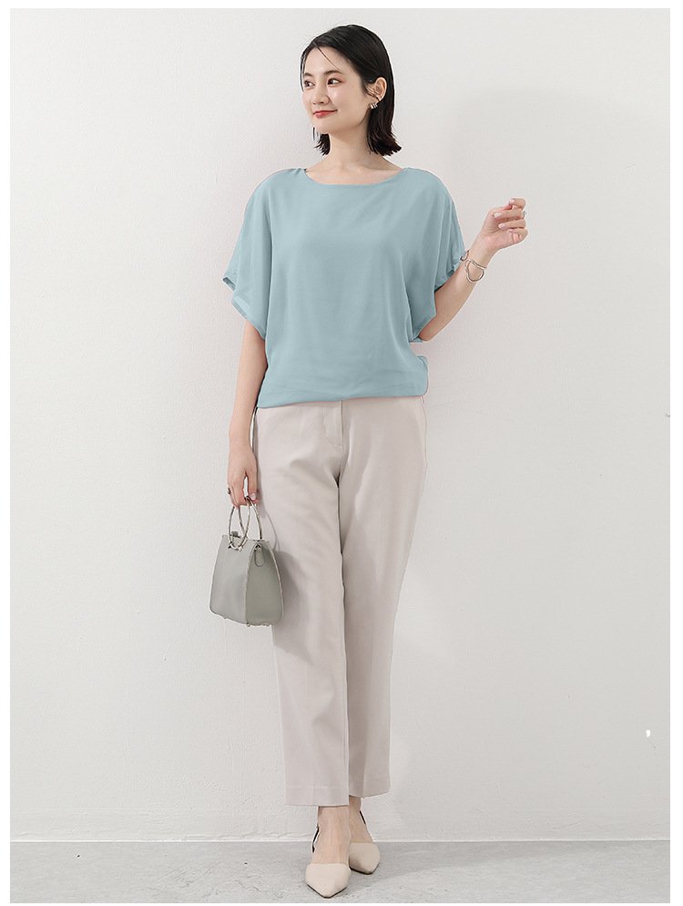 トップス Tシャツ 半袖 無地 ゆったり スリム 春夏 きれいめ 通勤 体型カバー 春 夏 ラウンドネック 上品 シフォン シャツ 薄手 丸襟 レギュラー ポリエステル