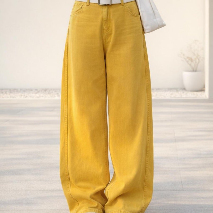 レディース パンツ ゆったり ワイド デニム 秋冬 秋 カジュアル レトロ 冬 ベルト ワイドパンツ 黄色 デニムパンツ
