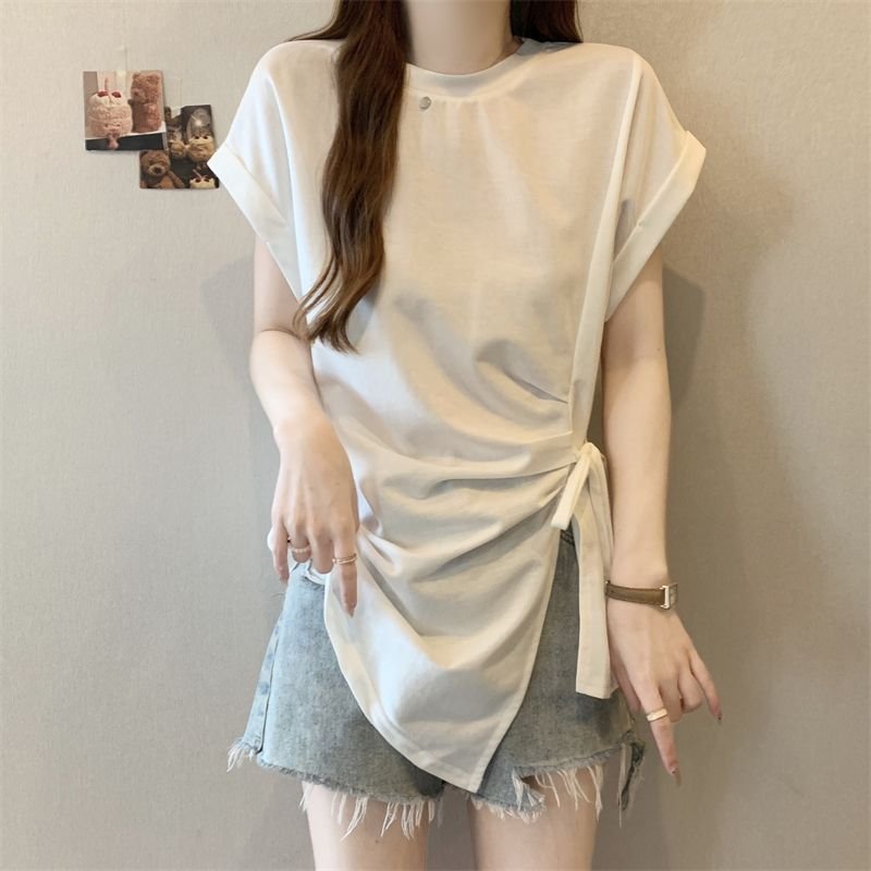 Tシャツ 半袖 ゆったり 春夏 カジュアル 春 夏 ラウンドネック レース ミモレ シャツ タイ レースアップ