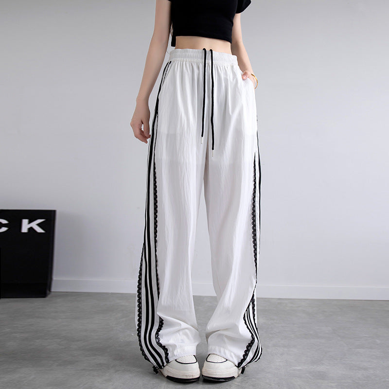 レディース パンツ ボトムス ストレートパンツ ロングパンツ ワイドパンツ ロング ストレート Iライン レース ウエストリボン ポケット ハイウエスト 切り替えデザイン 薄手 シンプル カジュアル おしゃれ こなれ感 メンズライク スポーティー 個性的 主役級 存在感 都会的 ナチュラル 春 夏 秋 ロングシーズン 部活 デート お出かけ 旅行 韓国 オルチャン 楽ちん 美脚 脚長 普段使い インスタ映え 定番 S M L XL ゆったり ゆる 白 ホワイト 黒 ブラック