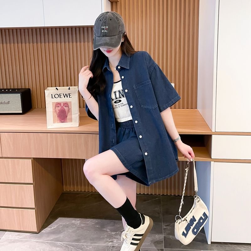 シャツ パンツ ゆったり デニム 春夏 カジュアル 大きいサイズ 前開き 春 夏 ハーフ セットアップ ポリエステル