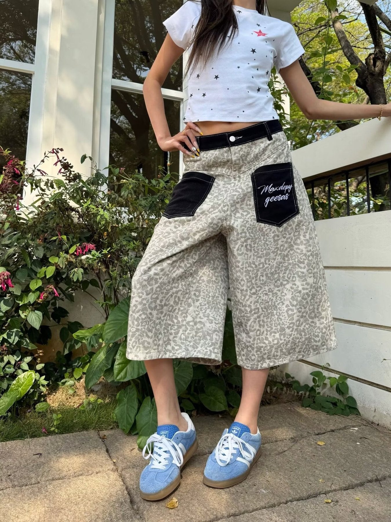 レディース パンツ ゆったり ワイド コットン 綿 デニム 春夏 カジュアル アメリカン 春 夏 ワイドパンツ レオパード ポケット ハイウエスト ストリート ヴィンテージ ストレッチ