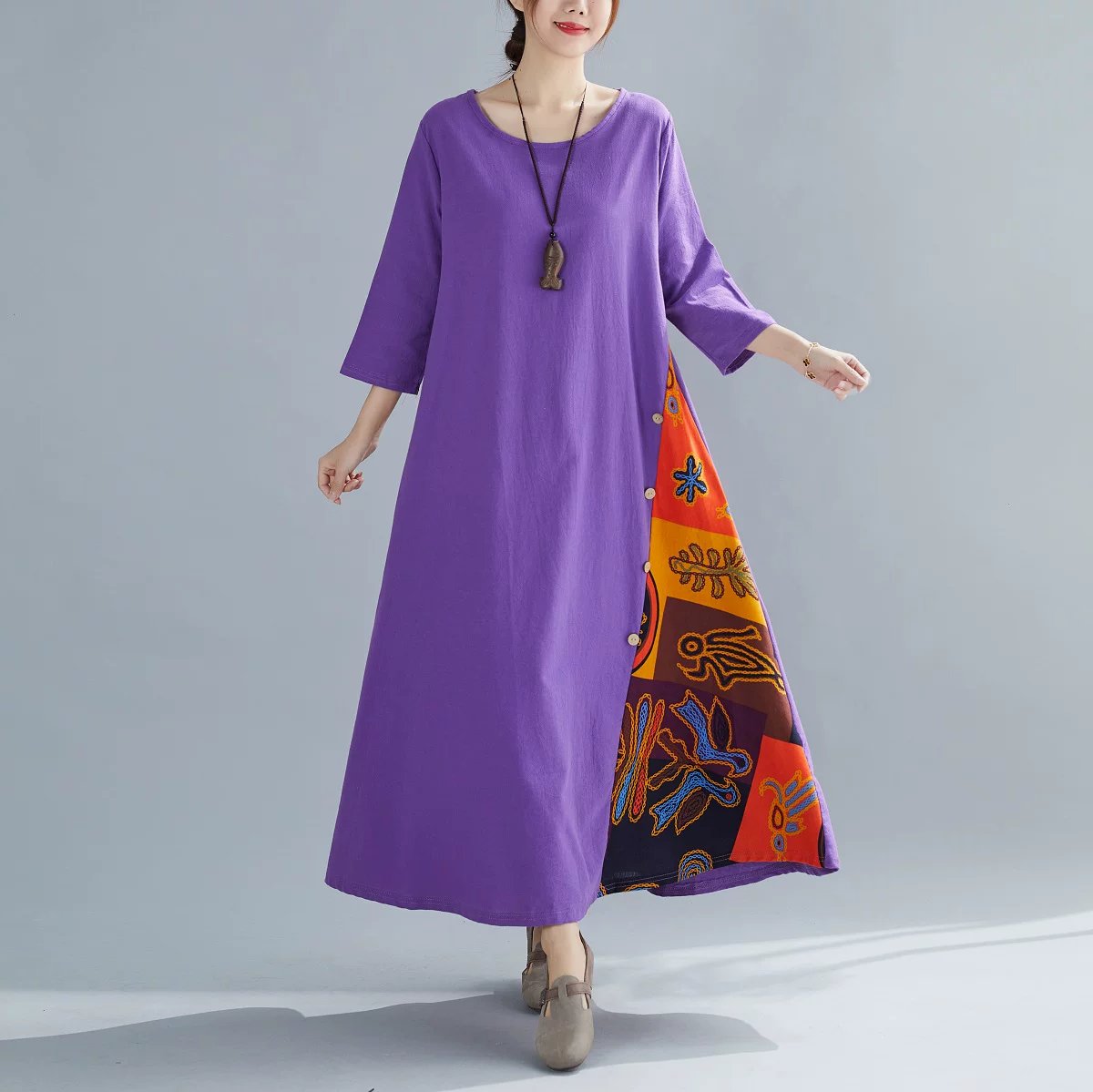 トップス 花柄 無地 春夏 きれいめ レトロ 春 夏 ラウンドネック 秋 シンプル 上品 ロング ステッチ ボタン ポリエステル