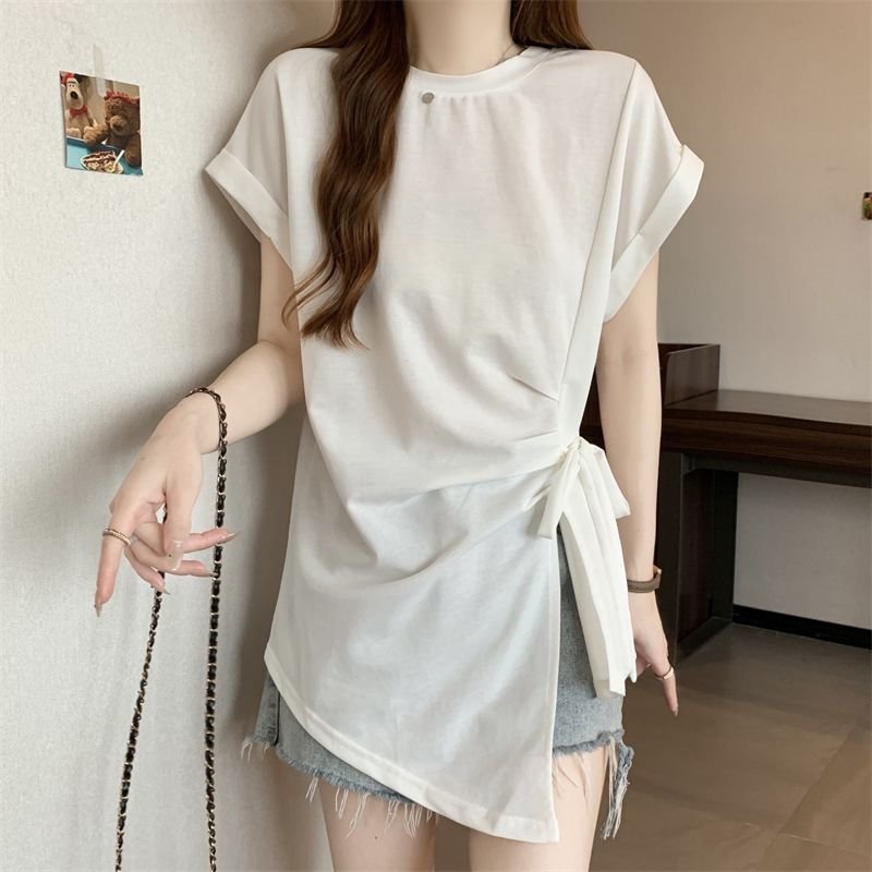 Tシャツ 半袖 ゆったり 春夏 カジュアル 春 夏 ラウンドネック レース ミモレ シャツ タイ レースアップ