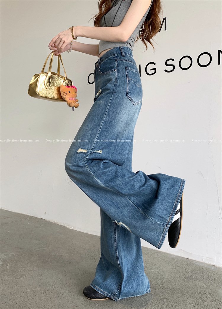 レディース パンツ ゆったり ワイド コットン 綿 デニム 春夏 カジュアル 春 夏 ロング デニムパンツ ブルー ハイウエスト ストレッチ ダメージ
