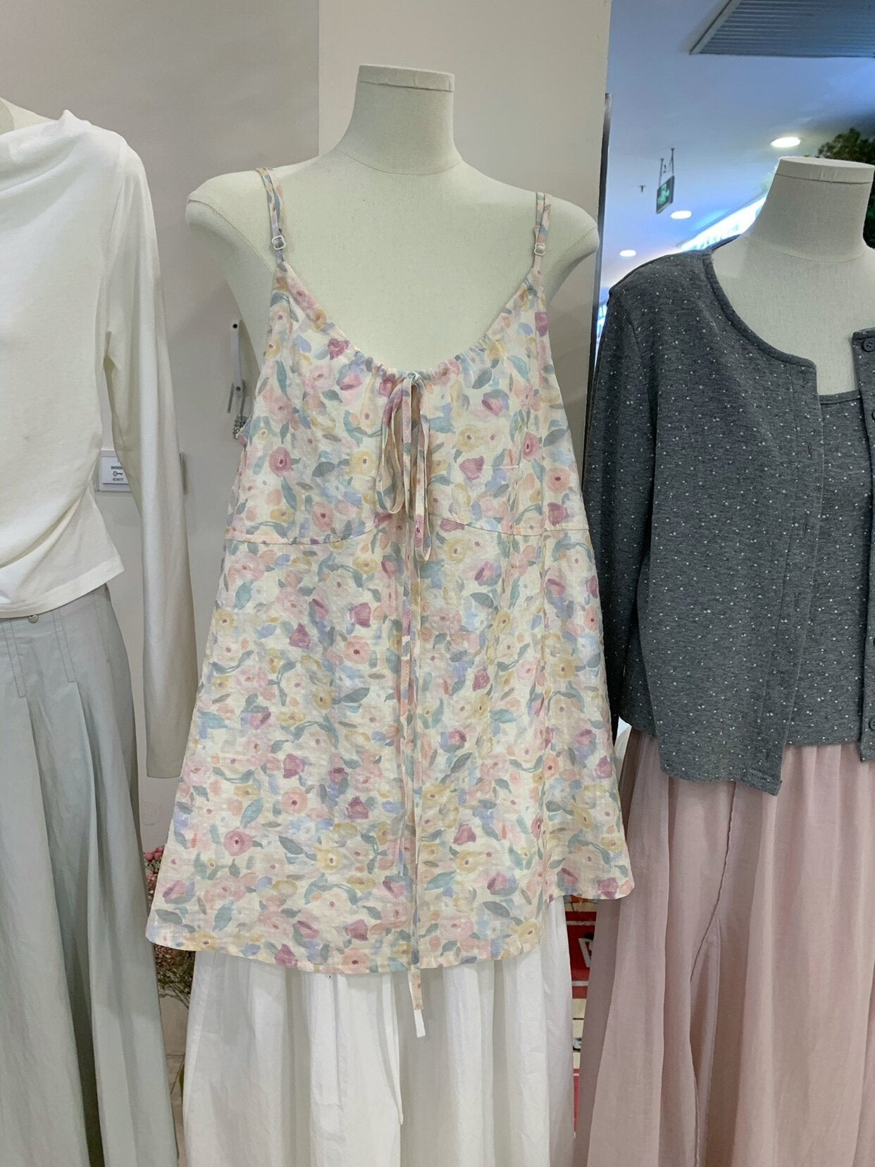 レディース トップス 花柄 コットン 綿 リネン 春夏 きれいめ 春 ショート 夏 上品 Aライン ピンク キャミソール 麻