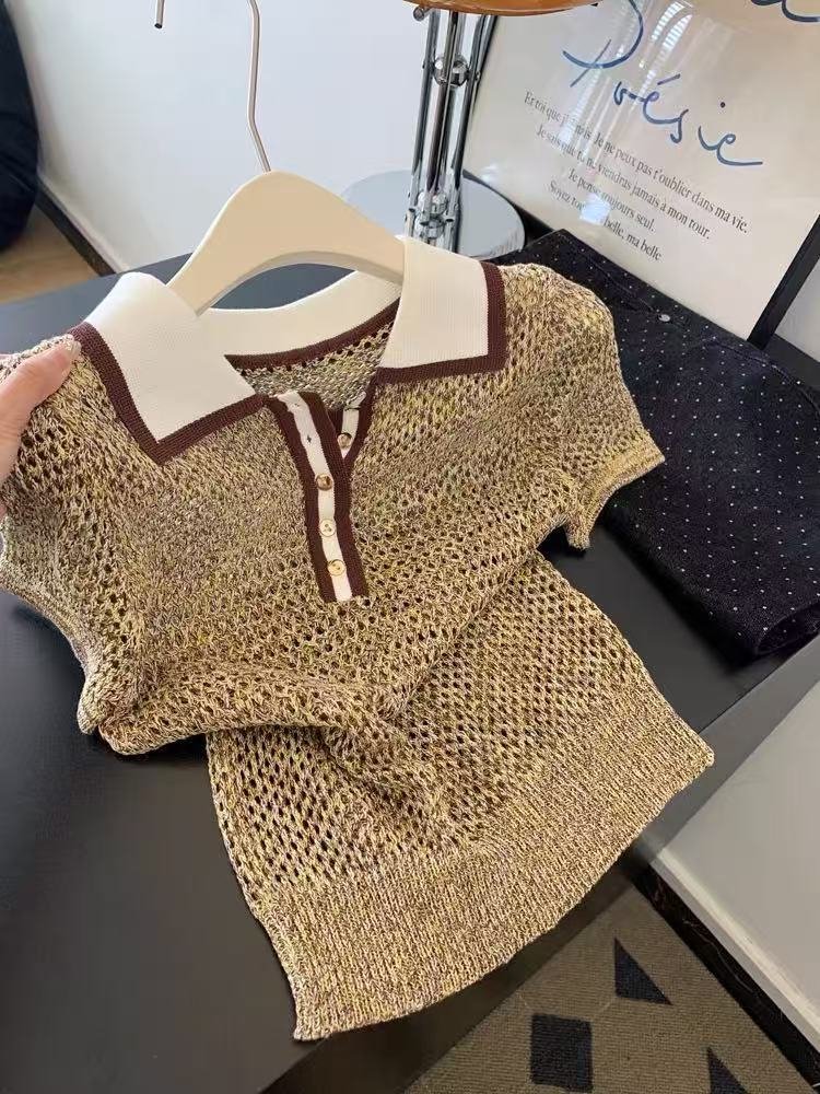 レディース Tシャツ ニット 半袖 ゆったり 春夏 きれいめ 体型カバー 春 ショート 夏 上品 シャツ 薄手 切り替えデザイン 襟付き レギュラー ポリエステル