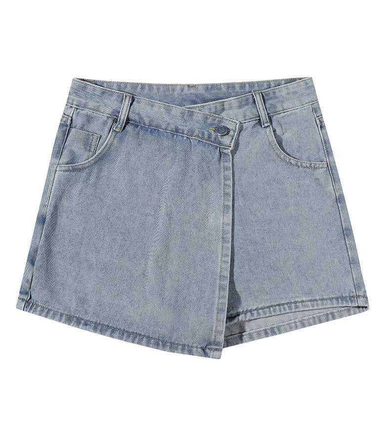 レディース パンツ スカート コットン 綿 デニム 春夏 春 ショート 夏 ショートパンツ Aライン ハイウエスト タイ ポリエステル 細見え