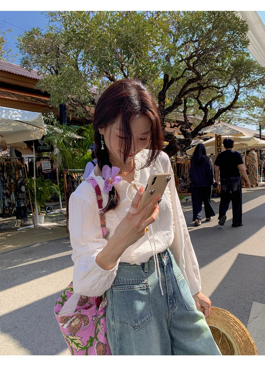 レディース ブラウス シャツ 長袖 無地 コットン 綿 春夏 きれいめ 通勤 オフィス 前開き 春 白 夏 秋 レース シンプル 上品 プルオーバー レースアップ レギュラー 白シャツ