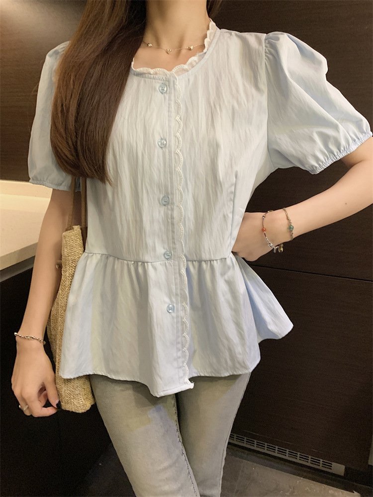 レディース シャツ 半袖 無地 春夏 レトロ 前開き 春 白 夏 ラウンドネック シンプル パフスリーブ レギュラー ポリエステル 白シャツ