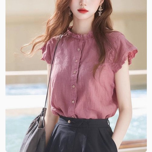 レディース シャツ 半袖 無地 リネン 春夏 きれいめ 前開き 春 夏 膝丈 シンプル 上品 個性的 スタンドカラー ポリエステル