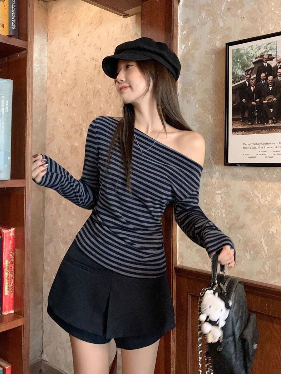レディース トップス Tシャツ 長袖 ボーダー ストライプ チェック柄 スリム 秋冬 秋 きれいめ 通勤 オフィス 膝丈 タイト 冬 ブラック 細身 ロング グレー シャツ オフショルダー タイ ポリエステル 着痩せ
