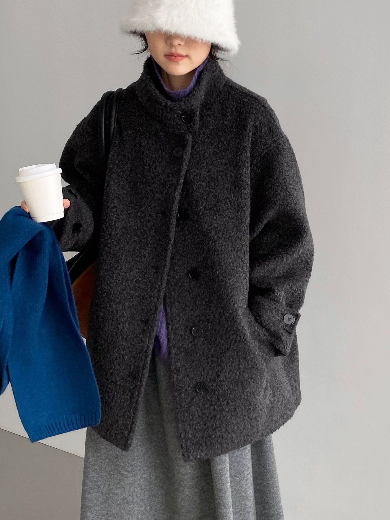レディース コート ジャケット 長袖 無地 ゆったり 秋冬 秋 カジュアル 体型カバー 膝丈 シンプル 冬 ハイネック ウール 厚手 スタンドカラー タイ アウター ボタン ポリエステル 立ち襟