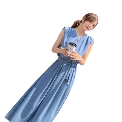 ワンピース ノースリーブ 無地 夏 きれいめ 通勤 春夏 袖なし Vネック シンプル ロング 上品 ウエストマーク