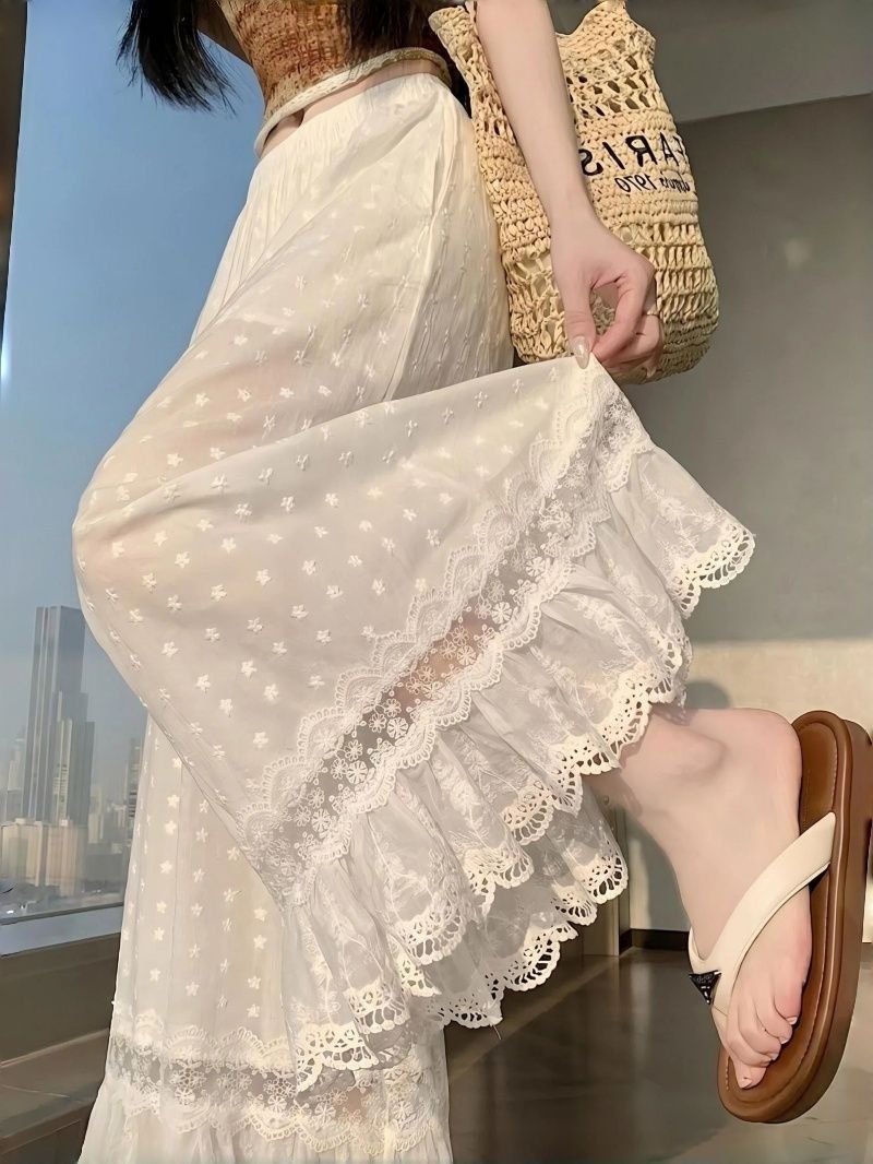 レディース パンツ ワイド スリム 春夏 カジュアル 春 白 夏 レース 刺繍 ストレート ワイドパンツ 薄手 切り替えデザイン ハイウエスト ポリエステル