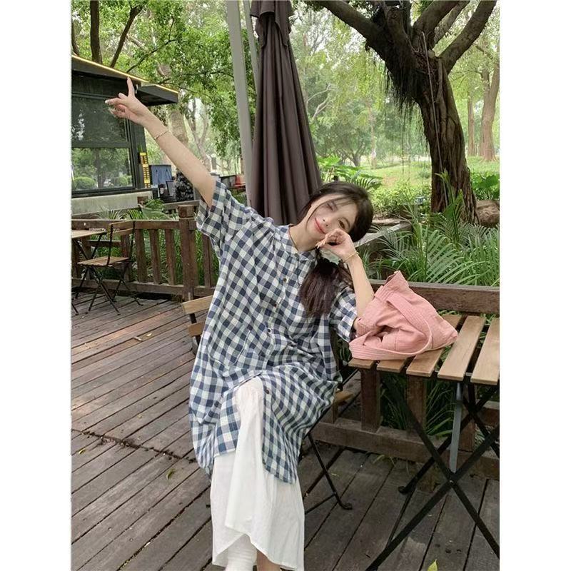ワンピース 半袖 ボーダー ストライプ チェック柄 春夏 きれいめ レトロ 春 白 夏 ロング 上品 セットアップ 切り替えデザイン ホワイト