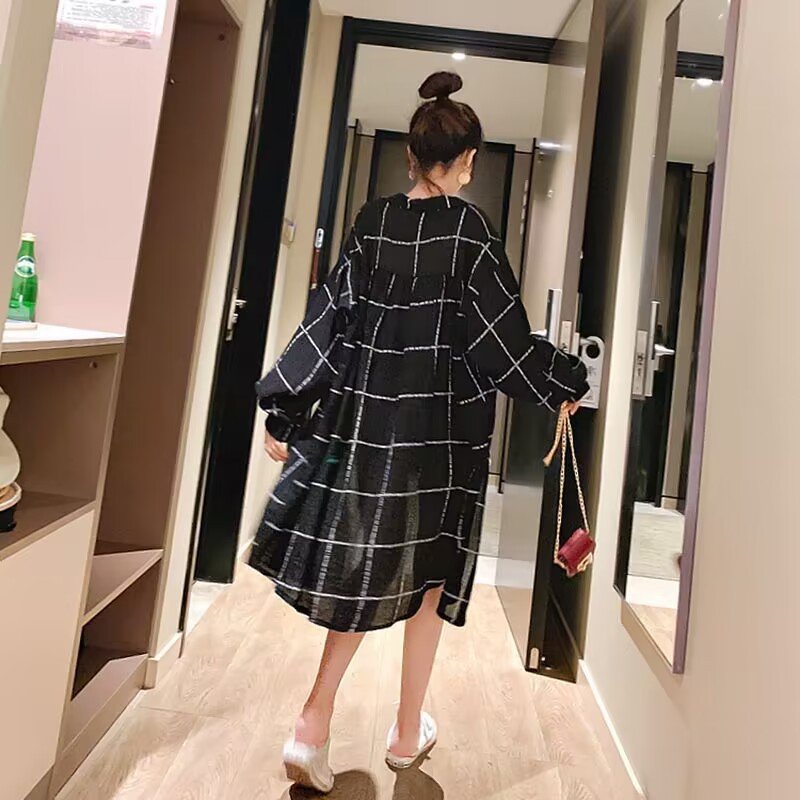レディース シャツ コート 長袖 チェック柄 ゆったり 夏 体型カバー 春夏 前開き ロング 薄手 切り替えデザイン 襟付き インナー ポリエステル 森ガール UVカット
