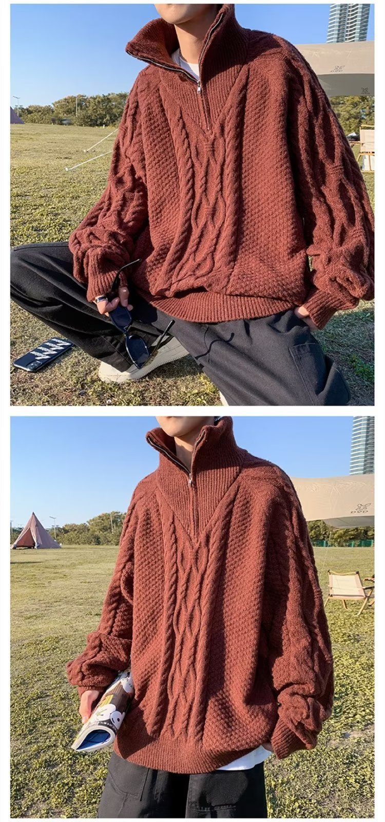 ニット ジャケット 長袖 ゆったり コットン 綿 麻 冬 体型カバー タートルネック セーター ハーフ ヴィンテージ