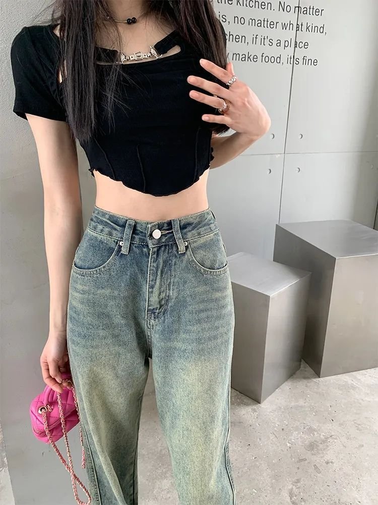 レディース パンツ ゆったり ワイド デニム 春夏 カジュアル アメリカン レトロ 大きいサイズ 春 夏 ロング ワイドパンツ 切り替えデザイン デニムパンツ ハイウエスト タイ ストレッチ ポリエステル