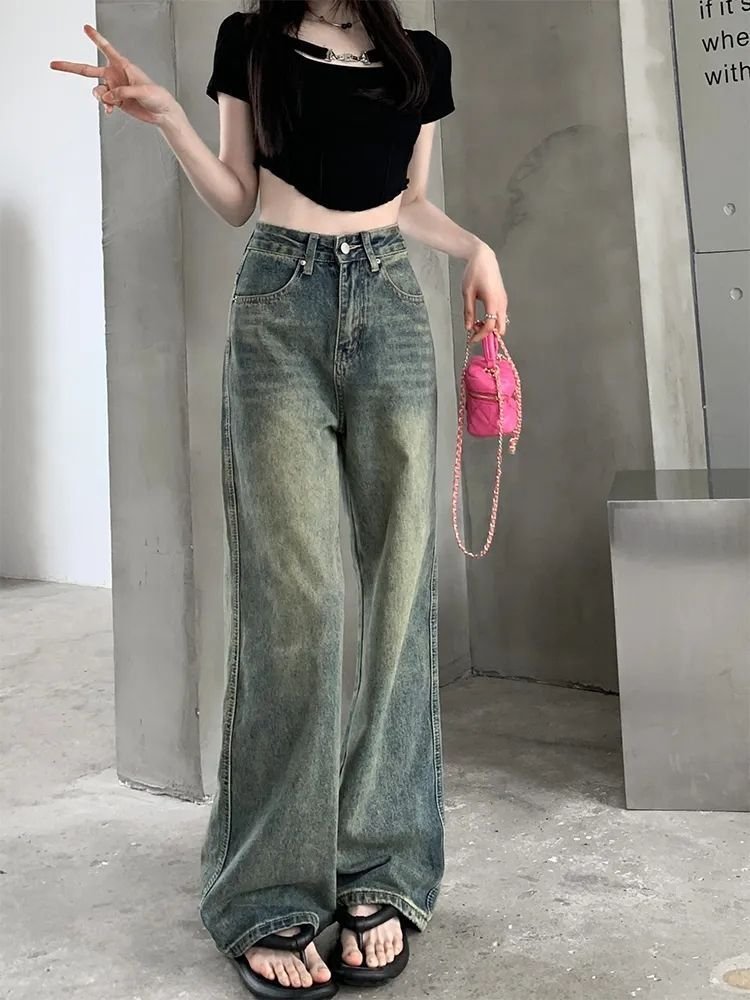 レディース パンツ ゆったり ワイド デニム 春夏 カジュアル アメリカン レトロ 大きいサイズ 春 夏 ロング ワイドパンツ 切り替えデザイン デニムパンツ ハイウエスト タイ ストレッチ ポリエステル