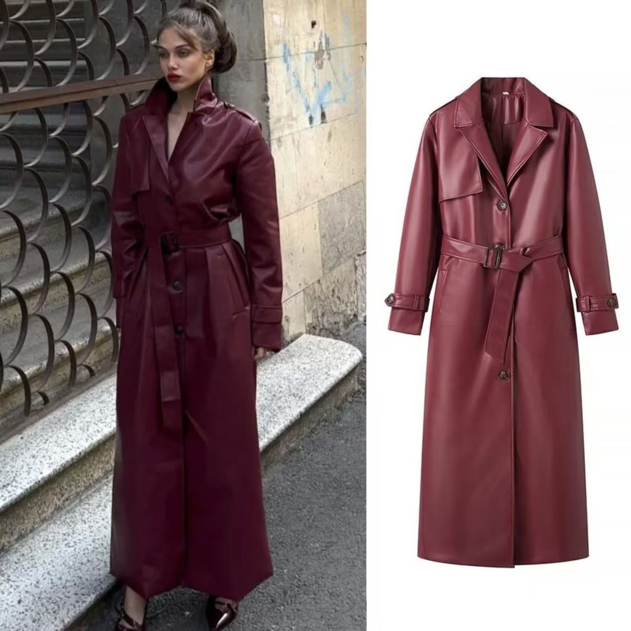 レディース コート 長袖 ゆったり 秋冬 秋 きれいめ 通勤 体型カバー 冬 ロング レザー フェイクレザー ベルト トレンチ プルオーバー 襟付き ベルト付き