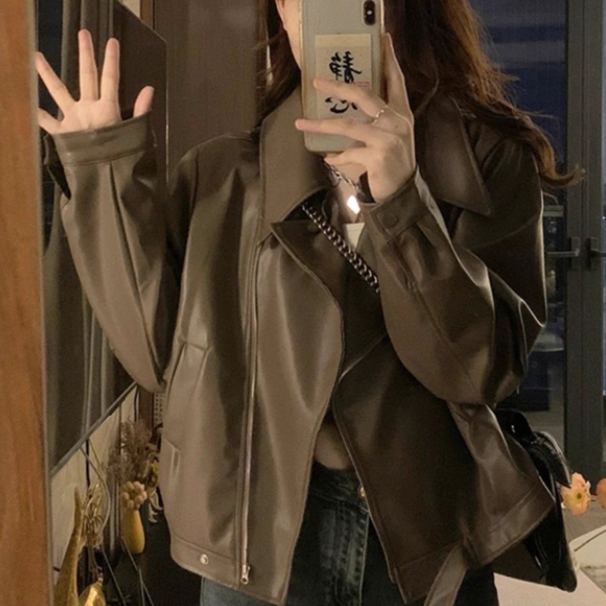 レディース トップス ジャケット 長袖 ゆったり 秋冬 秋 体型カバー 大きいサイズ ショート 冬 レザー 襟付き ストリート カフェ ストレッチ レギュラー ポリエステル