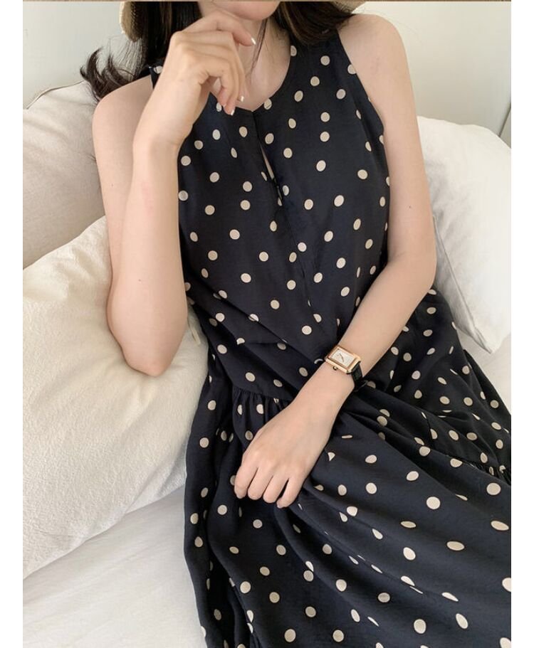 ドレス ノースリーブ 春夏 きれいめ 袖なし 春 夏 ラウンドネック ドット リゾート ロング
