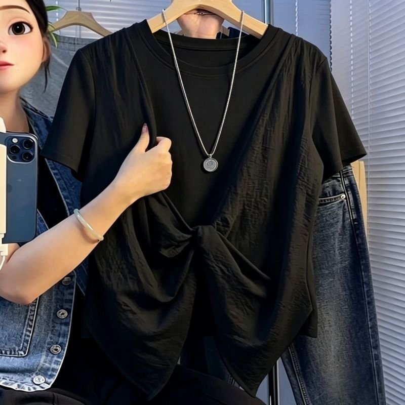 レディース Tシャツ 半袖 ゆったり コットン 綿 春夏 カジュアル 体型カバー 春 夏 ラウンドネック シャツ 切り替えデザイン レイヤード タイ レギュラー