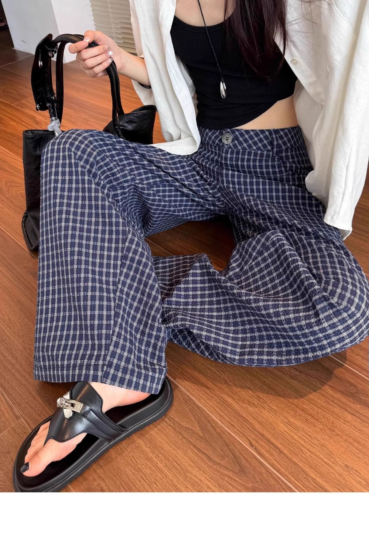 レディース パンツ チェック柄 ゆったり ワイド コットン 綿 春夏 カジュアル 春 夏 ロング 薄手 海 ハイウエスト