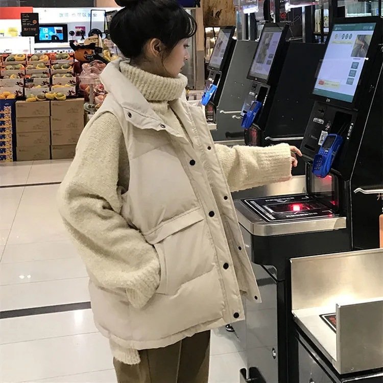 レディース ベスト コート 無地 コットン 綿 秋冬 秋 ショート 膝丈 シンプル 冬 厚手 スタンドカラー ポリエステル