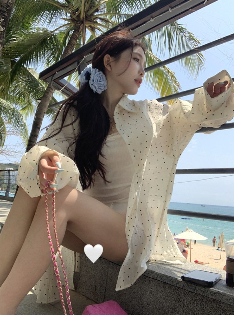 レディース シャツ トップス ジャケット 長袖 ドット柄 ゆったり 春夏 カジュアル 体型カバー 韓国風 前開き 春 夏 ホワイト 薄手 襟付き レギュラー ボタン ポリエステル UVカット ドット