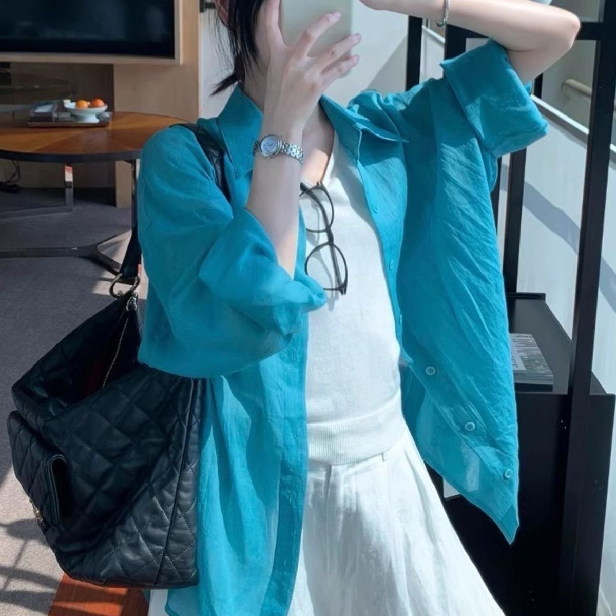 シャツ ジャケット 長袖 無地 ゆったり 春夏 カジュアル 前開き 春 夏 シンプル 薄手 襟付き ブルー レギュラー ボタン ポリエステル UVカット