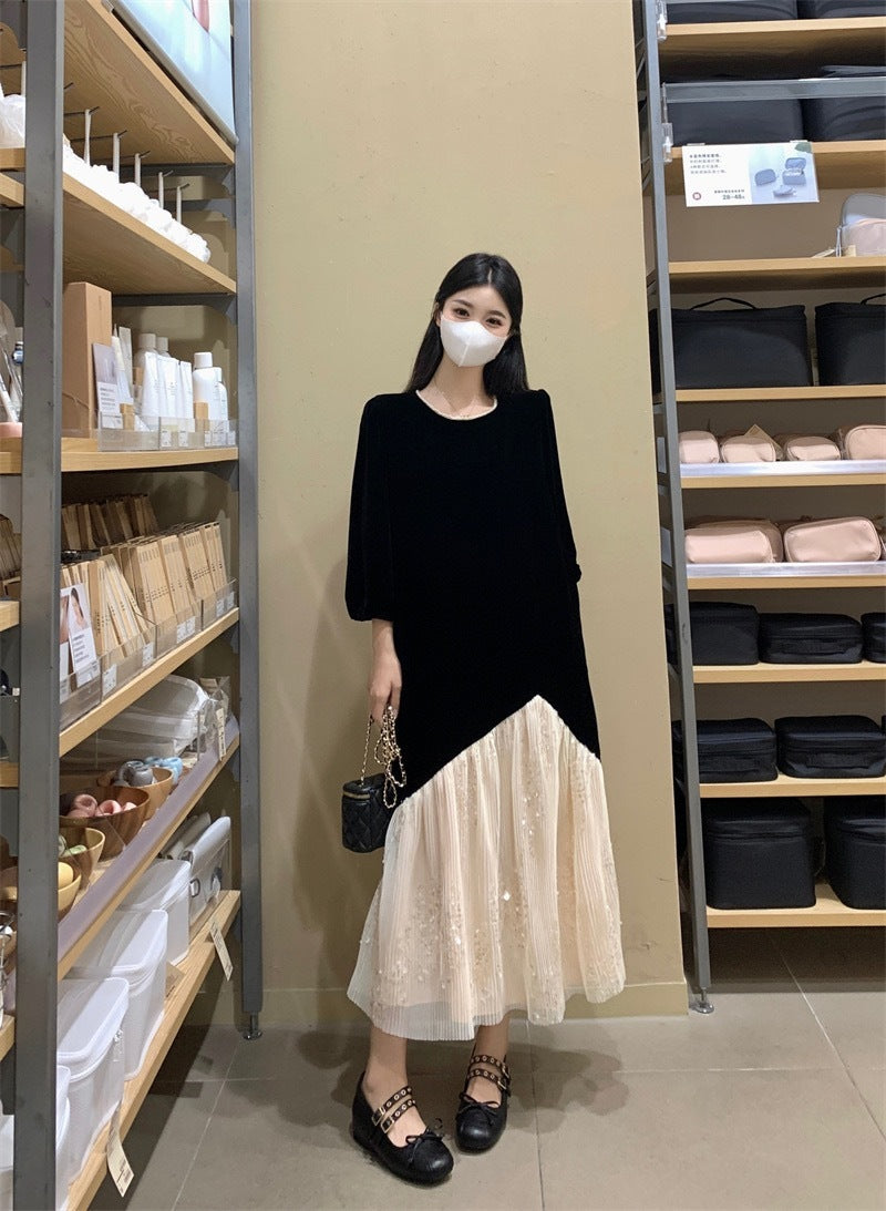 レディース ワンピース 膝下 ミモレ ロング 長袖 ドロップショルダー ラウンドネック Aライン 裾ワイド フェミニン 切り替えデザイン バイカラー 配色 レース 異素材ミックス バイカラー かわいい 大人可愛い きれいめ シンプル おしゃれ こなれ感 エレガント 存在感 抜け感 ラグジュアリー シック 無地 秋冬 誕生日 ハロウィン クリスマス バレンタイン デート お出かけ イベント レストラン 女子会 ホテル コンサート 清楚 インスタ映え L XL 2XL 3XL 大きいサイズ ベーシックカラー