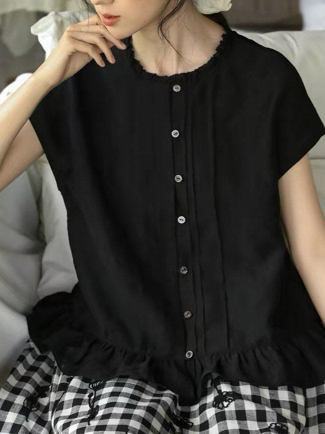 シャツ 半袖 ボーダー ストライプ 無地 ゆったり 麻 春夏 きれいめ 通勤 オフィス 体型カバー 前開き 春 夏 シンプル フリル 切り替えデザイン ラグラン レギュラー ボタン