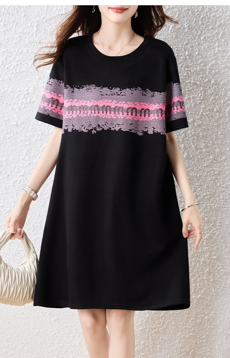 ワンピース ドレス 半袖 春夏 きれいめ レトロ 春 夏 黒 ラウンドネック ミモレ 上品 大きい