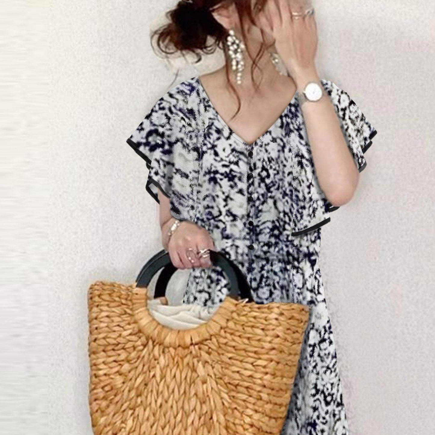 ワンピース 半袖 春夏 Vネック 春 夏 ロング フリル Aライン プリント