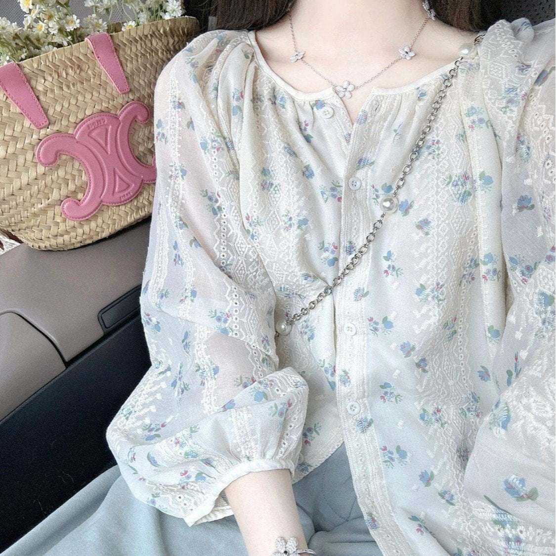 レディース ブラウス シャツ 長袖 花柄 ゆったり 春夏 きれいめ 体型カバー 前開き 春 夏 ラウンドネック フラワー シンプル 上品 シフォン シフォンブラウス レギュラー ボタン ポリエステル